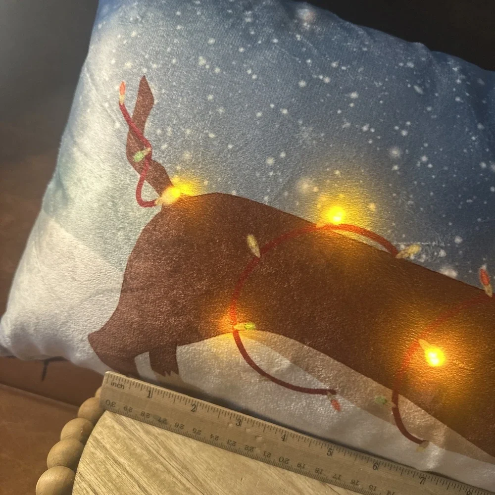 MINA VICTORY LIGHT UP Dachshund Holiday Dog Throw Pillow, Light Blue Multicolor